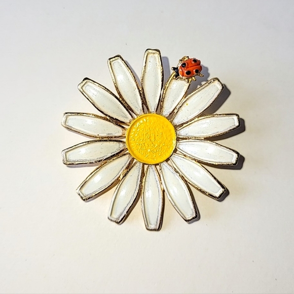 WEISS ENAMEL DAISY with LADYBUG PIN BROOCH - VINTAGE SIGNED - Picture 6 of 6